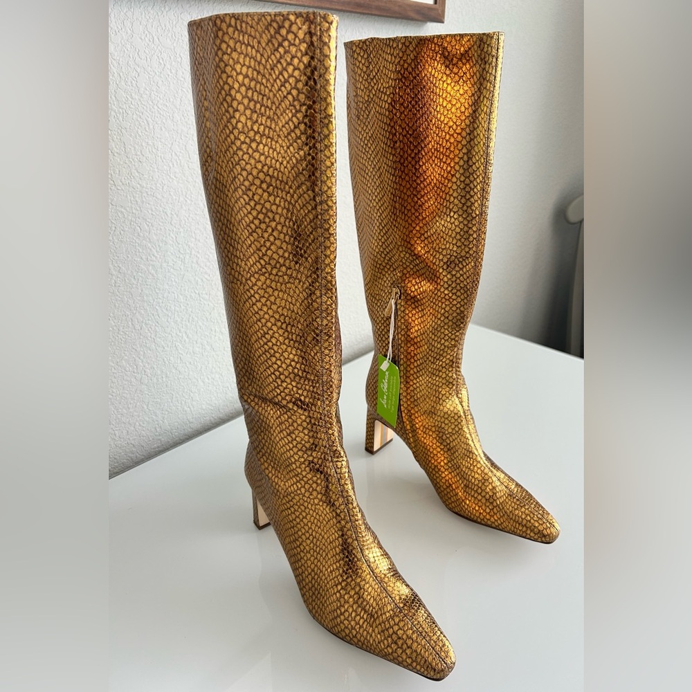 Sam Edelman Sylvia Knee High Medallion Gold Snake Textured Heeled Boots